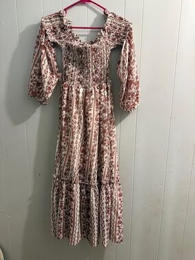 Smocked Boho Maxi Dress in Cream and Rust Floral